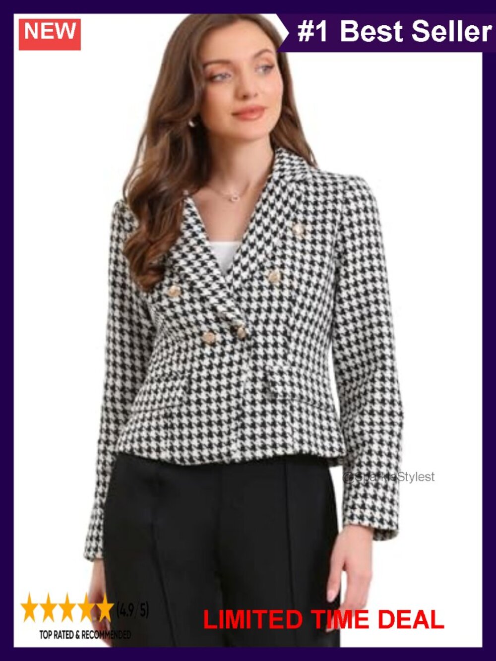 Houndstooth Cropped Blazer Long Sleeve Notch Lapel Business Casual